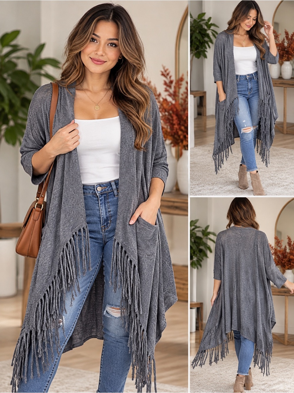NWT Stetson Open Front Fringe Cardigan Size M Gray Knit Duster Sweater